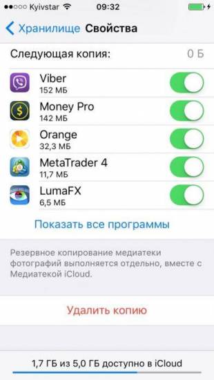 Параметры резервной копии iCloud