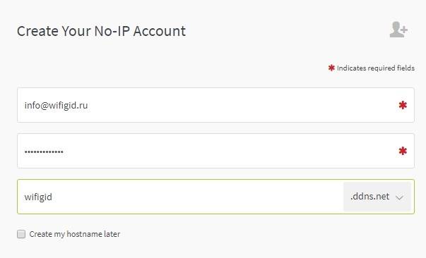 Вводим регистрационных данных для создания аккаунта в No-IP